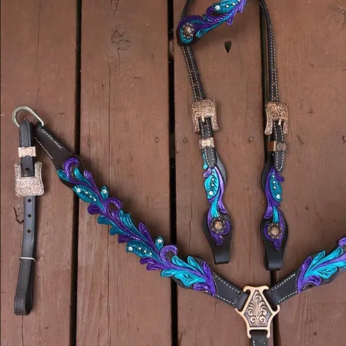 Teal & Purple Accent Bridle Breast Collar Set Western Horse Etsy