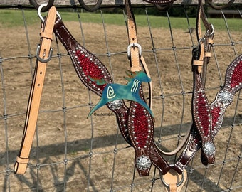 Ruby Red Crystal Horse Bridle & Breast Collar Set: Western Show Leather