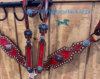 Red Alligator Inlay Buckstitch Bridle BreastCollar Set ~  Western Horse Show Trail Barrels