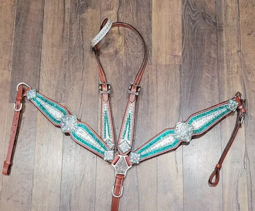 Turquoise & Clear Crystal Bridle Breast Collar Set Western Horse Show
