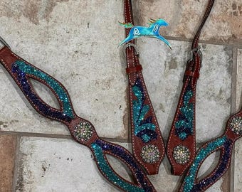 One Ear Crystal Bling Turquoise Purple Bridle Breast Collar
