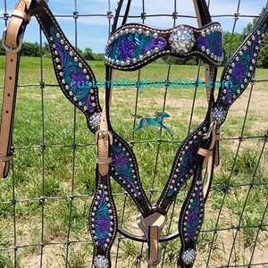 Teal & Purple Tooled Bridle Breast Collar Set ~  Western Horse Show Trail Barrels