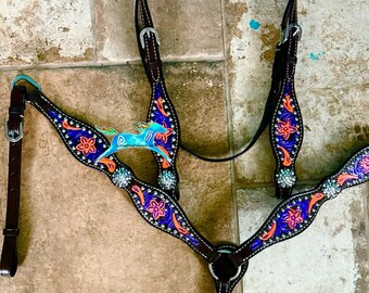 Black Leather Orange & Purple Tooled Bridle Breast Collar Tack Set ~  Western Horse Show Trail Barrels