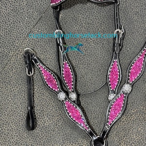 Black Leather Pink Crystal Bling Bridle Breast Collar Set