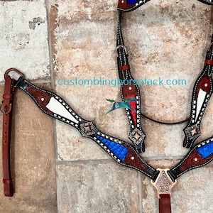 Red White & Blue Patriotic Buck Stitch Bridle Breastcollar Set