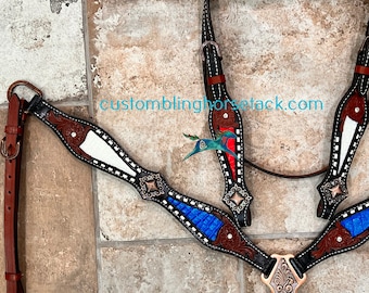 Red White & Blue Patriotic Buck Stitch Bridle Breastcollar Set