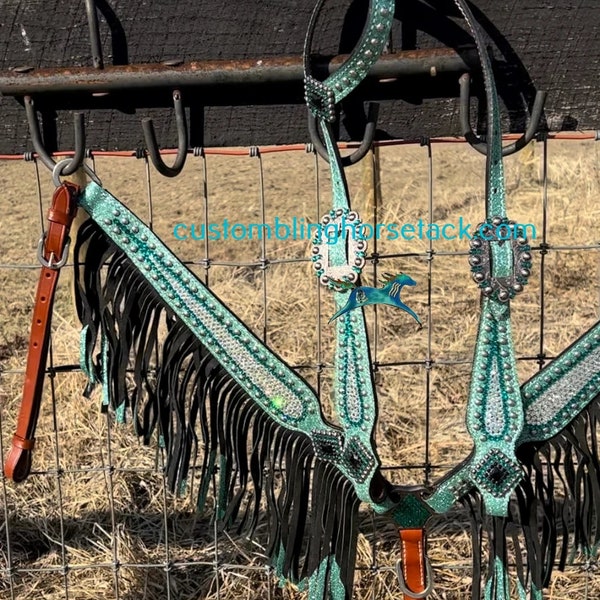 Turquoise Clear Crystal Bridle Breast Collar Set~ Black & Turquoise Accent Crystal Conchos
