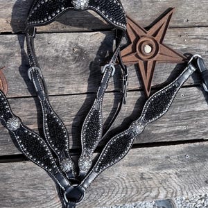 Black Scalloped Leather Black Crystal Sparkle Bridle Breast Collar Set