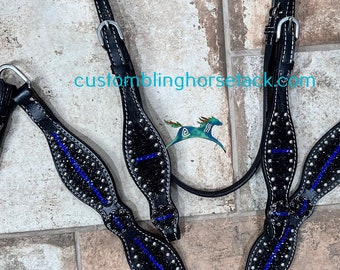 Thin Blue Line Black & Royal Blue Crystal Bling  Bridle Breast Collar Set parades police firemen first responders