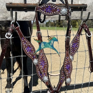 Brown with Purple Accents Bridle Breast Collar Set with Crystal Conchos ~  Western Horse Show Trail Barrels