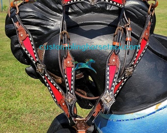 Crimson Red Alligator Inlay w White Buck Stitch Leather Bridle Breast Collar Set