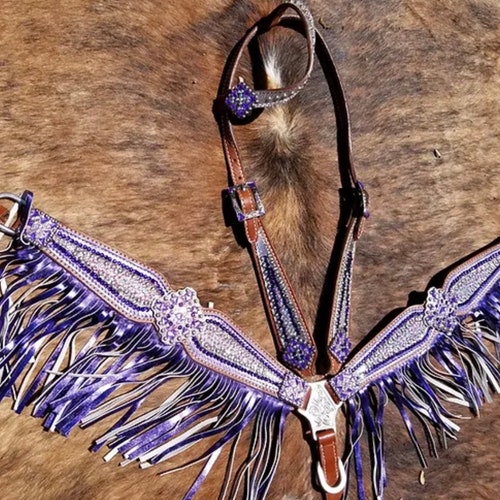 Showman ® Painted Floral and Feather design one ear bridle and breast collar set with silver and rhinestone bead accents. main image 1