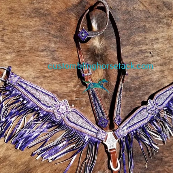 Purple & Clear Crystal Bridle Breast Collar  Set w Fringe ~  Western Horse Show Trail Barrels