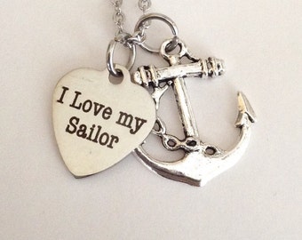 Sailor wives necklace, I love my sailor, petite stainless steel necklace, military wives, navy wives, blue jackets