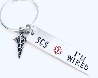 SCS keyring, spinal cord stimulator keychain, I'm Wired, medical alert keyring, medical awareness, medical gifts, personalized alert keyring