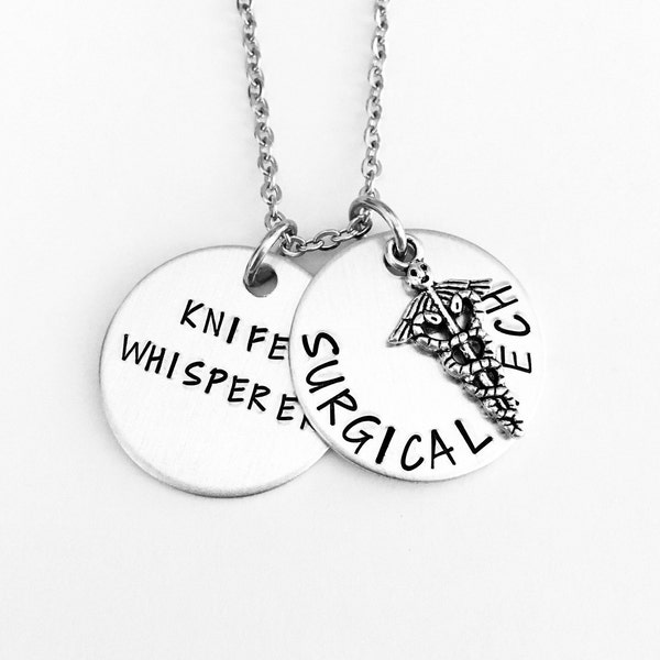 Surgical tech gift, necklace or keyring, surgery assistant, knife whisperer, handstamped, personalized, Scrub techs, christmas presents