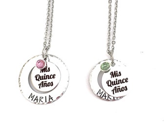 Mis Quince Anos necklace, sweet 15th birthday, Quinceanera girls birthday, Birthstone necklace, stainless steel, name necklace, personalized