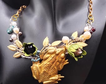 Frog n Flowers Bib Necklace