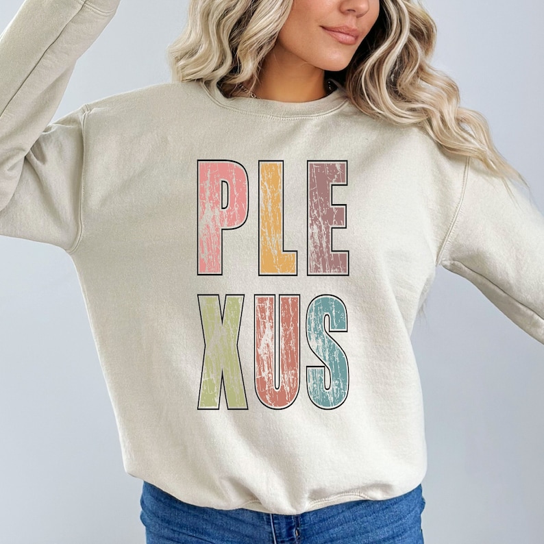 K&ouml;nnte beinhalten: Ein hellbeiger Pullover mit dem Wort "PLEXUS" in bunten, abgenutzten Buchstaben. Die Buchstaben sind schwarz umrandet und haben einen Vintage-Look.