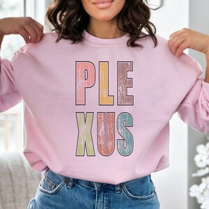 K&ouml;nnte beinhalten: Rosafarbener Pullover mit dem Wort "PLEXUS" in bunten, abgenutzten Buchstaben.
