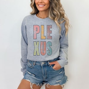 K&ouml;nnte beinhalten: Ein graues Sweatshirt mit dem Wort "PLEXUS" in bunten, abgenutzten Buchstaben gedruckt. Die Buchstaben sind im Retro-Stil mit einem verblassten, Vintage-Look.
