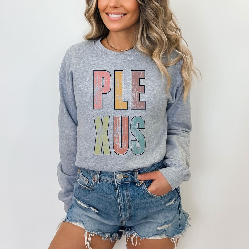 K&ouml;nnte beinhalten: Ein graues Sweatshirt mit dem Wort "PLEXUS" in bunten, abgenutzten Buchstaben gedruckt. Die Buchstaben sind im Retro-Stil mit einem verblassten, Vintage-Look.