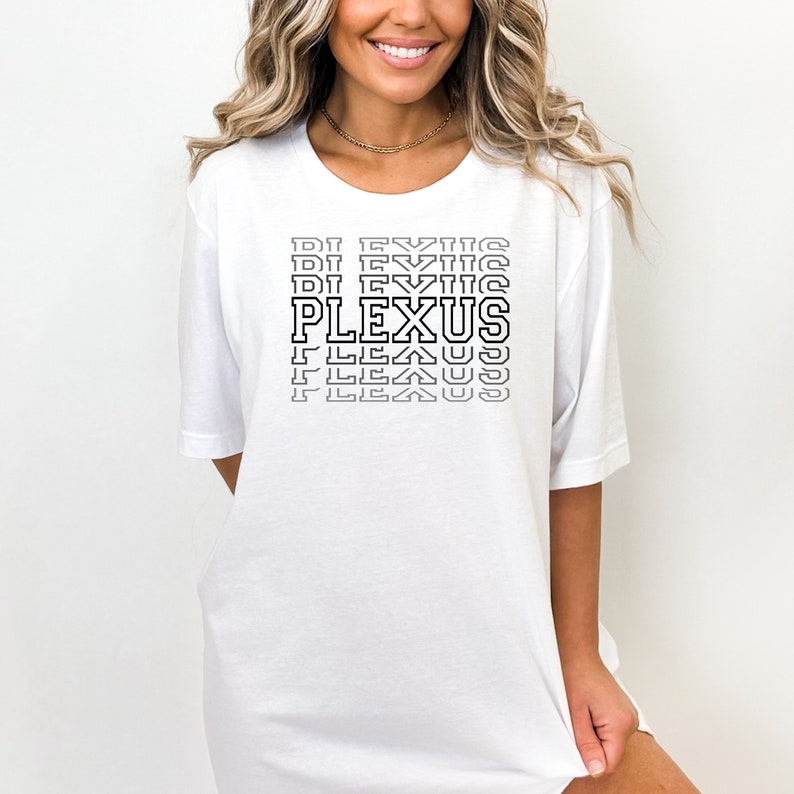 May include: White oversized t-shirt with a black graphic print that says "PLEXUS" in a stacked, repeating pattern.