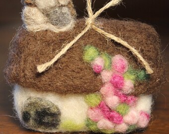 Needle-Felted Cottage Ornament, Christmas Ornament, English Country Home Decor, Miniature Fiber-Sculpted Felted Cottage, Housewarming Gift