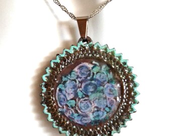 Wooden Pendant with Painted Blue Roses - Handcrafted Floral Necklace - Unique Boho Chic Medallion -