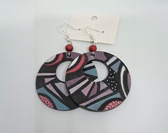 Hand-Painted Wooden Hoop Earrings - Wearable Abstract Art