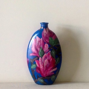 Hand painted bottle, magnolia painted on glass, decorated bottles