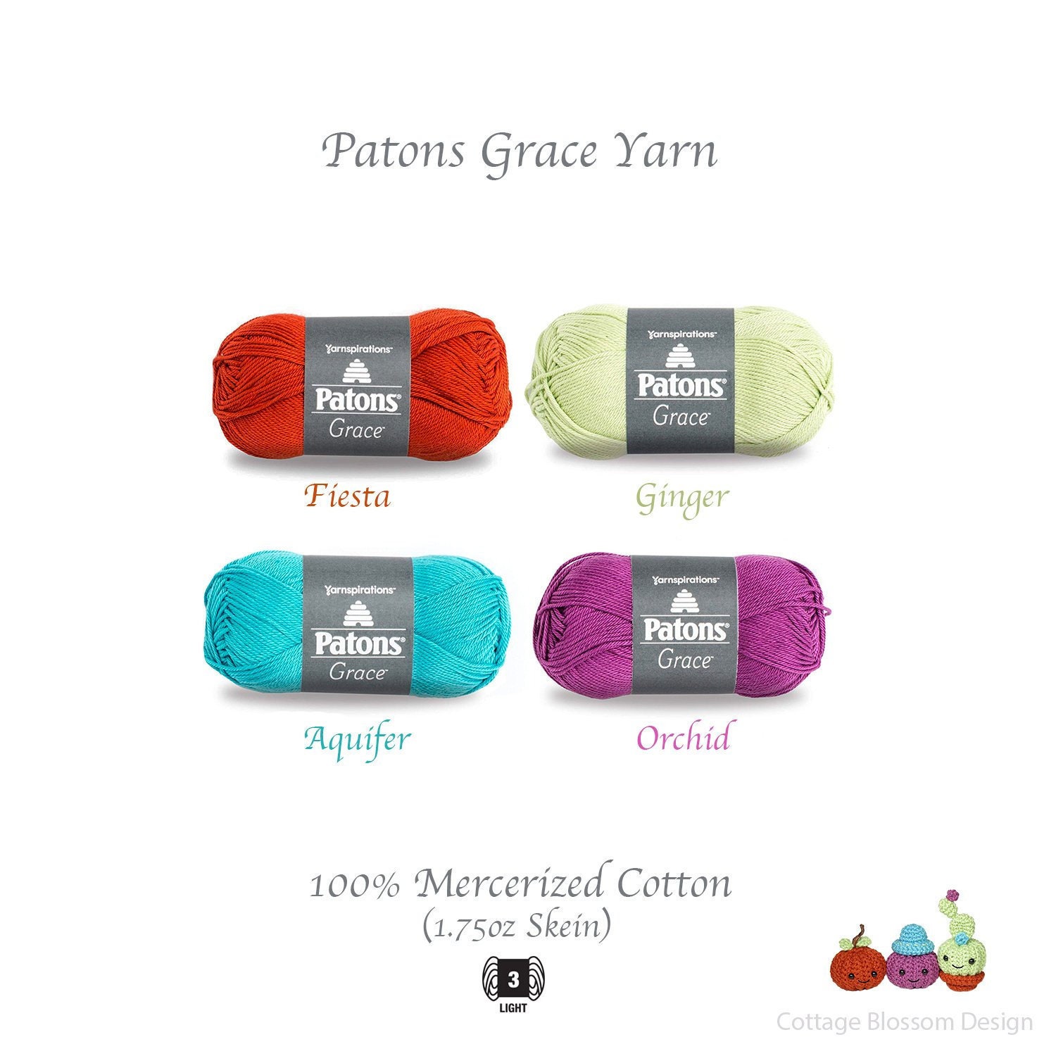 Patons Grace 100 Mercerized Cotton Yarn 1.75 oz Light Weight Etsy