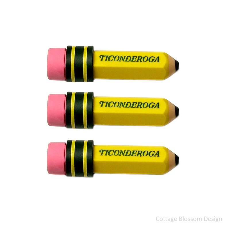 Pencil Shaped Erasers Set of 3 Yellow Ticonderoga Brand Fun for School Office Work Writing Drawing Artist Crafter Gift for Teachers Students