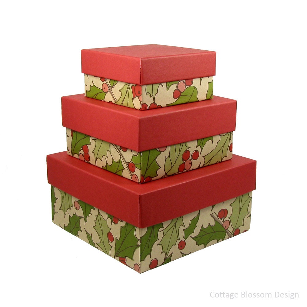 set of 3 christmas nesting boxes with bows green holly leaf red christmas nesting box