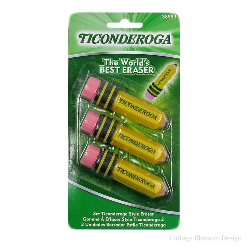 Pencil Shaped Erasers Set of 3 Yellow Ticonderoga Brand Fun for School Office Work Writing Drawing Artist Crafter Gift for Teachers Students