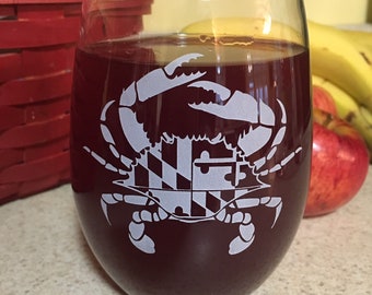 Engraved Maryland flag Wine glass,  wine glass Maryland Flag, Personalized wine glass maryland crab, custom engraved wine glass