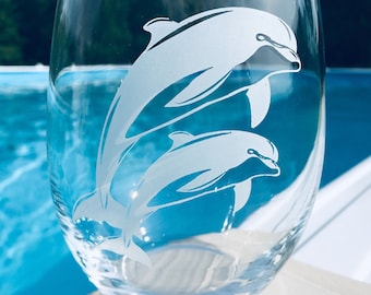 Set of 4 Dolphin stemless wine glasses