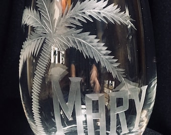 Engraved Stemless Wine with Palm Tree and Name