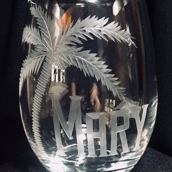Engraved Stemless Wine with Palm Tree and Name