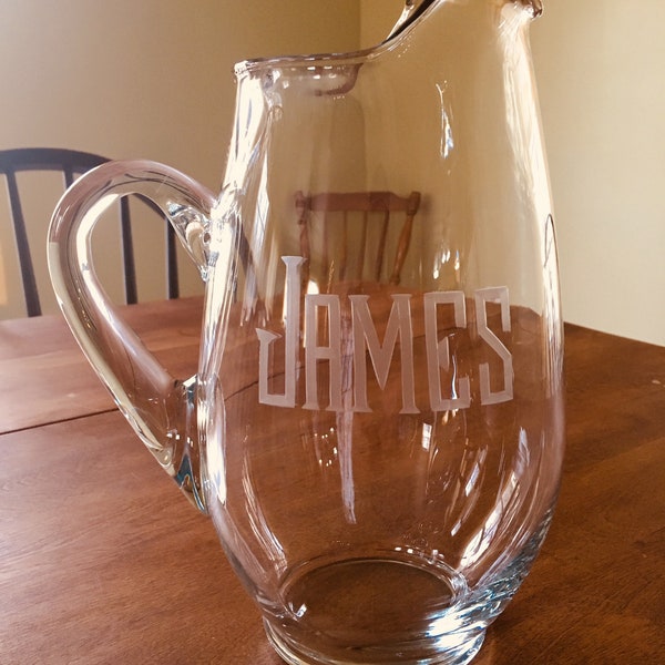 Engraved Glass Pitcher with Hand cut Name or Monogram