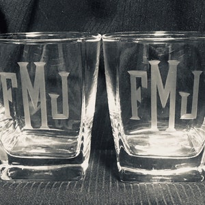 4 piece engraved Monogramed set, 13 oz. Square rocks glass, Engraved Monogram, Personalized rocks glass