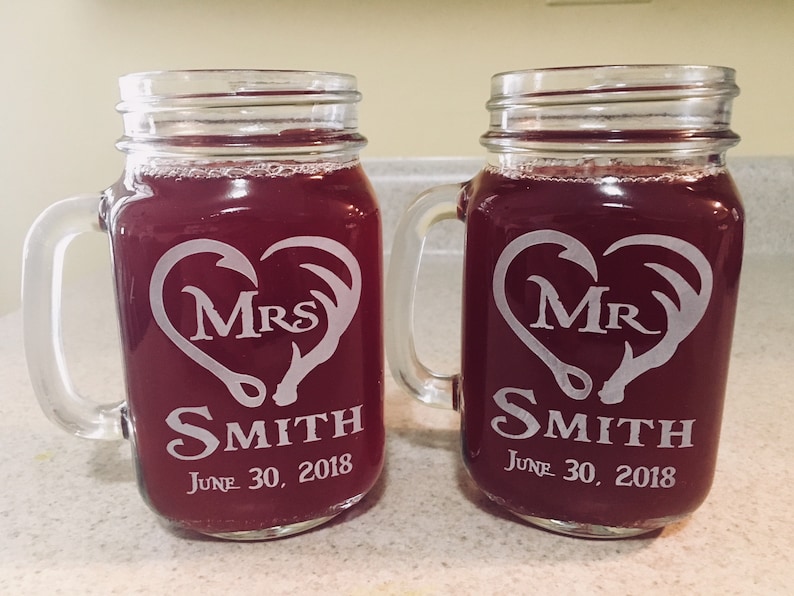 Mr and Mrs mason jar mugs, Fishing and Hunting, Mr and Mrs mugs, custom mason jars, custom logos image 1