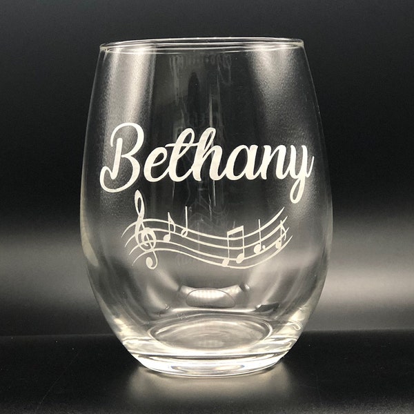 Stemless wine glass wit music notes and name