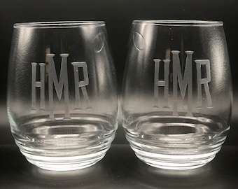 2 piece set, 16 oz. stemless wines with Hand cut Monogram with stone wheel