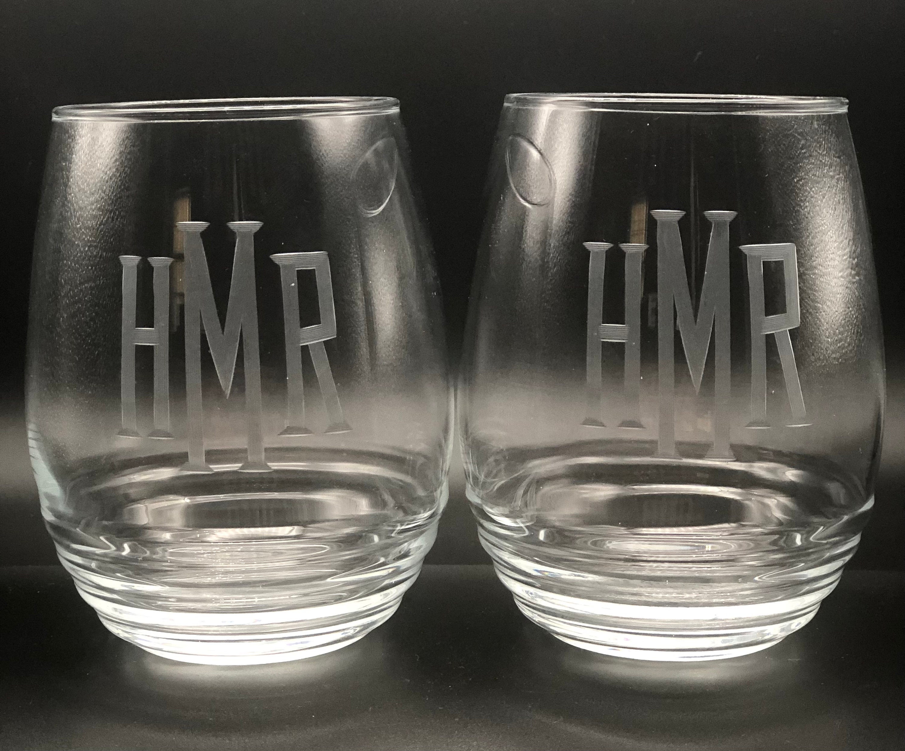 Set of 4 | Stemless Wine Glasses with Hand Cut Monogram, 15 oz