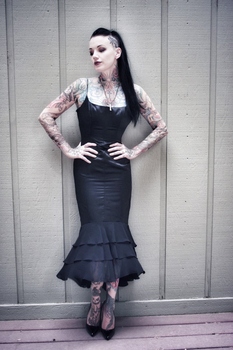 Black satin strappy chacha cocktail prom goth dress XS image 0