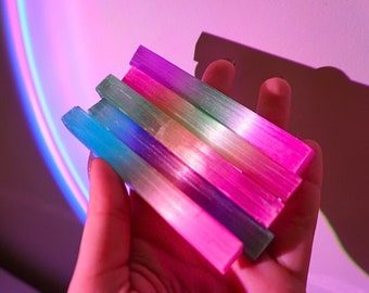 Rainbow Aura Selenite Wand | angel aura electroplated selenite stick