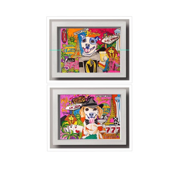 Set 2 Happy Dog Drunk Puppy Art Prints Funny Dog Painting Etsy
