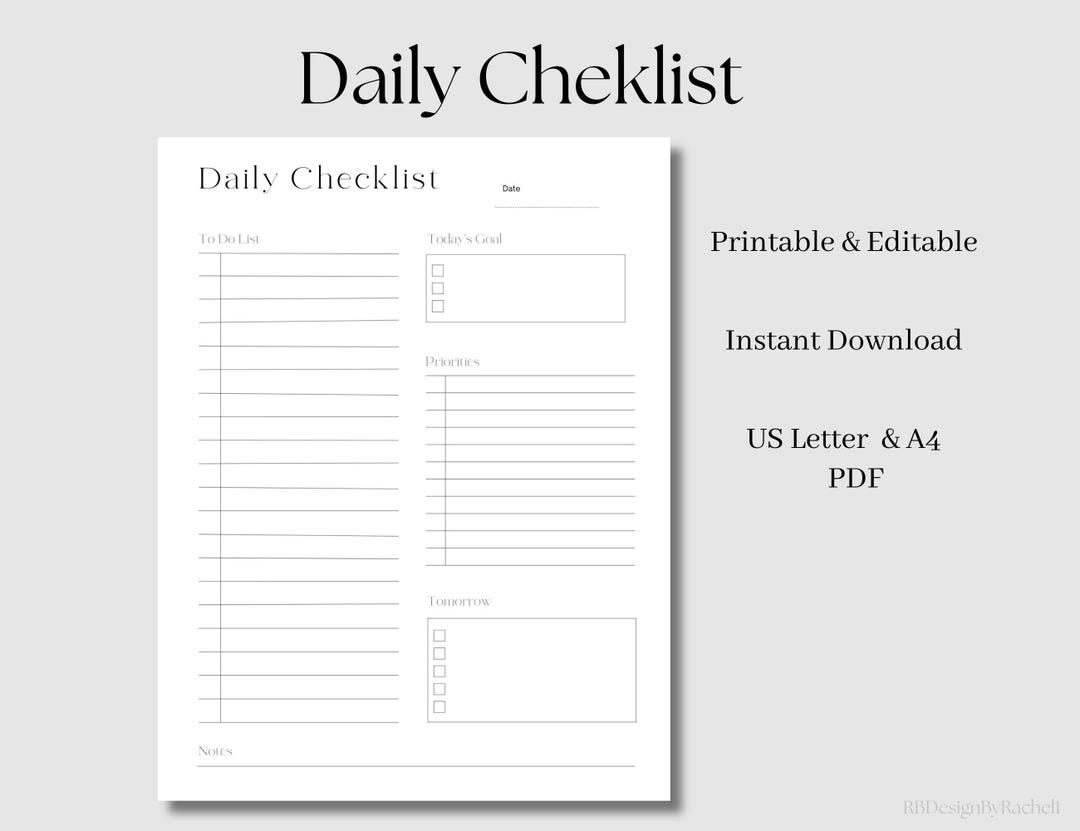 Minimalist Daily Checklist Template: Printable, Editable PDF (A4/US ...