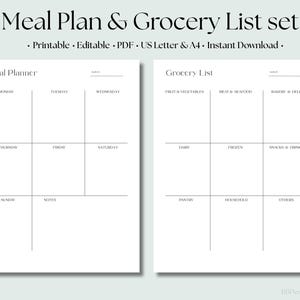 May include: A printable meal plan and grocery list set. The meal planner has sections for each day of the week. The grocery list is divided into categories like fruit & vegetables, meat & seafood, and dairy. The text says "Meal Plan & Grocery List set".
